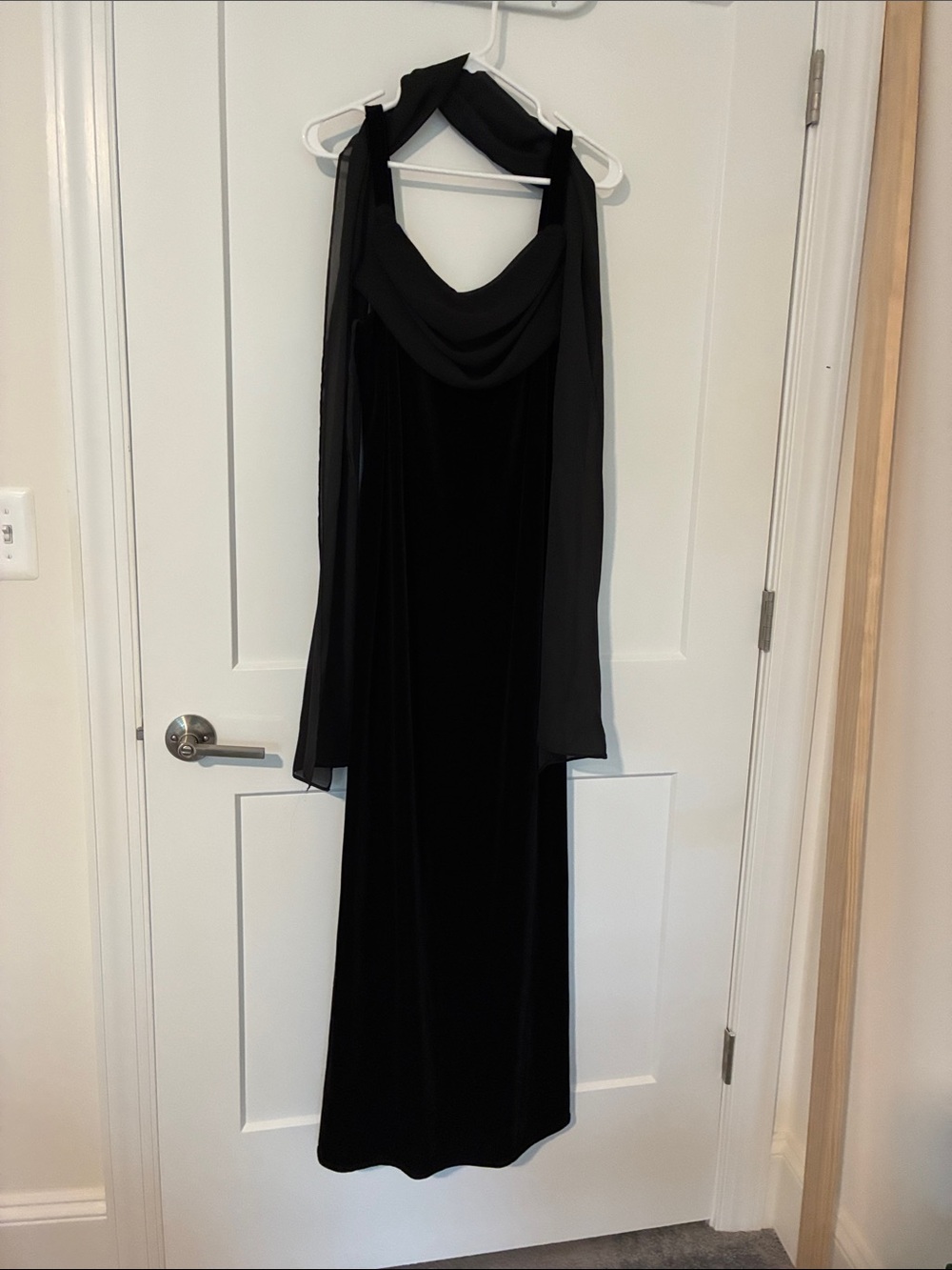 Black long velvet formal dress with sash